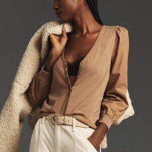 Nation Los Angeles Camel/Tan V-Neck Cotton Henley Top SZ XS